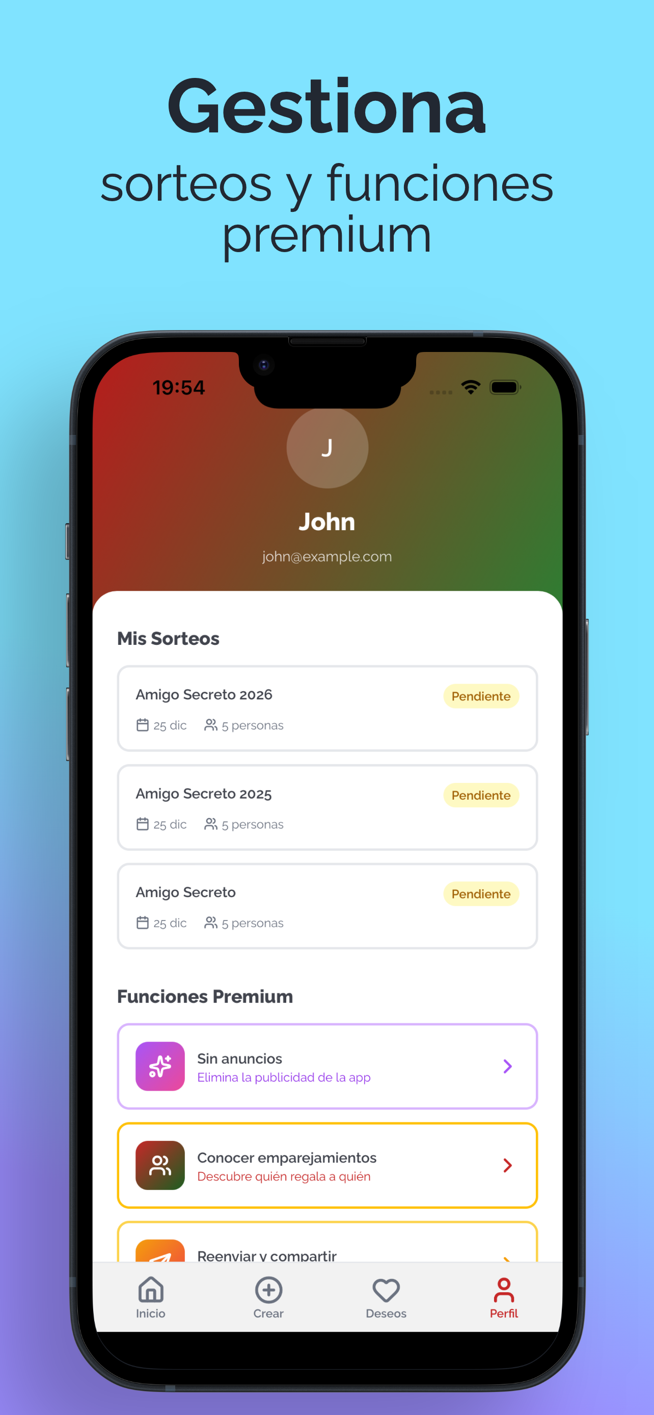 Perfil y funciones premium en la app Amigo Secreto