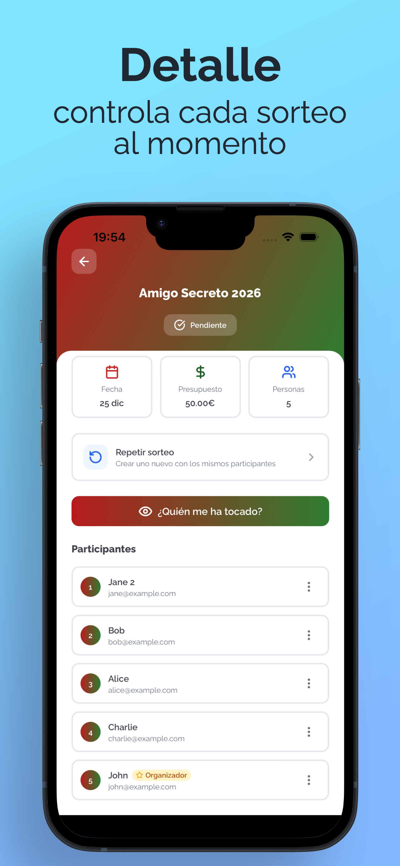 Detalle del sorteo con participantes en la app Amigo Secreto
